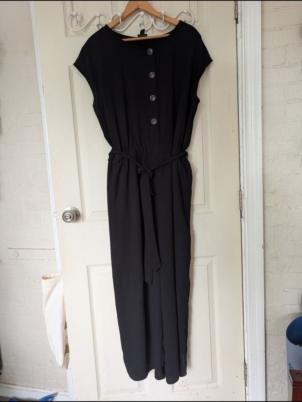 Worthington Black Jumpsuit Wide Leg with Front Buttons and Waist Tie XL